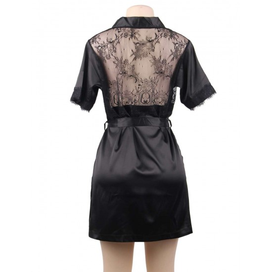 Plus Size Black Silk Satin Lace Backless Sexy Women Kimono Home Pajamas