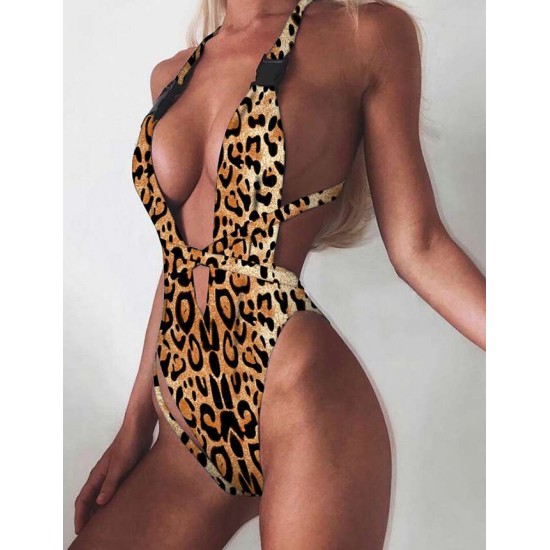 Fashion V Front One Piece Leopard Print Swimsuit Sexy Bikini