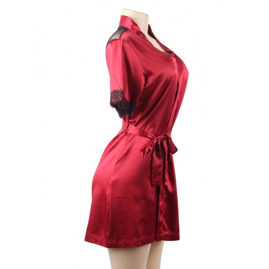 Plus Size Wine Red Silk Satin Lace Backless Sexy Women Kimono Home Pajamas