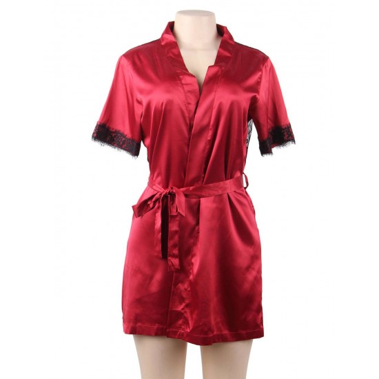 Plus Size Wine Red Silk Satin Lace Backless Sexy Women Kimono Home Pajamas