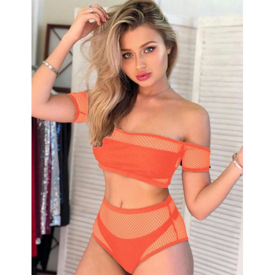 Orange Mesh Fabric Hollow Strapless 4 piece Bikini Set