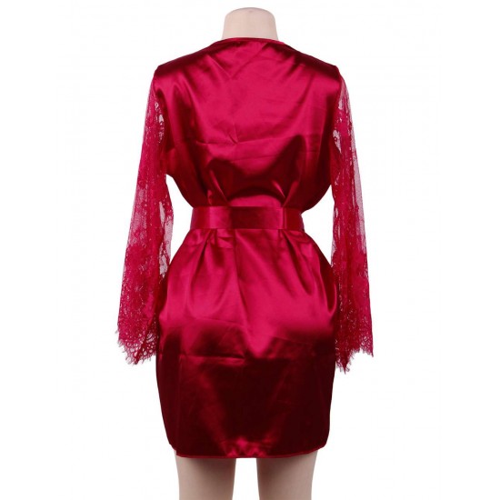 Plus Size Wine Red Silk Satin Lace Sexy Women Kimono Home Pajamas