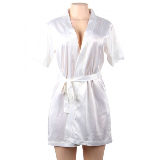 White Silk Satin Lace Backless Sexy Women Kimono Home Pajamas