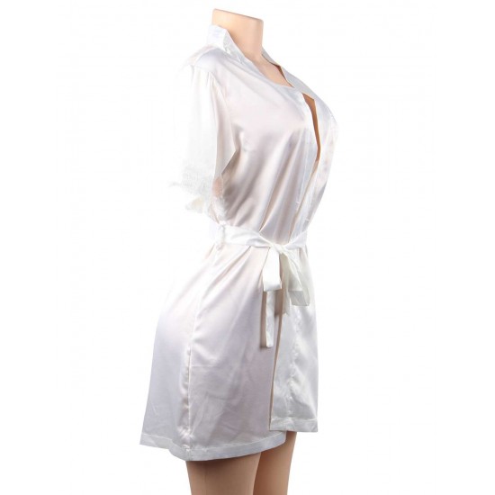 White Silk Satin Lace Backless Sexy Women Kimono Home Pajamas