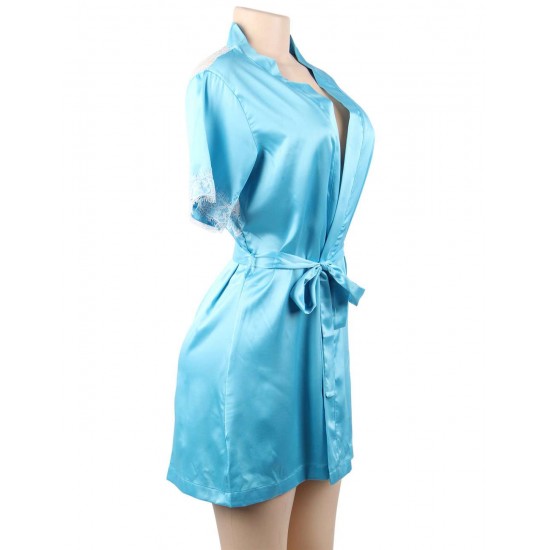 Plus Size Blue Silk Satin Lace Backless Sexy Women Kimono Home Pajamas