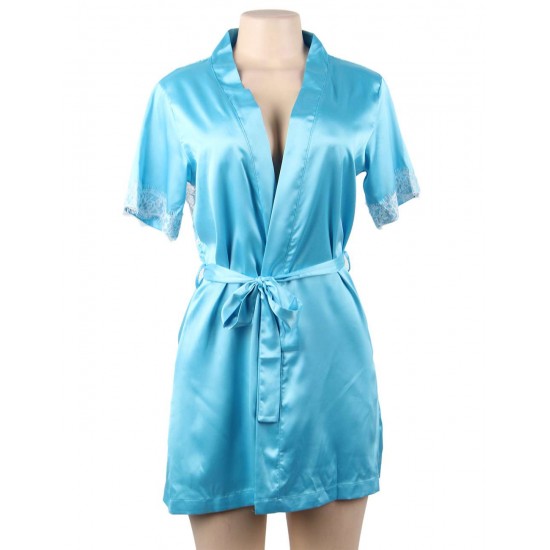 Plus Size Blue Silk Satin Lace Backless Sexy Women Kimono Home Pajamas