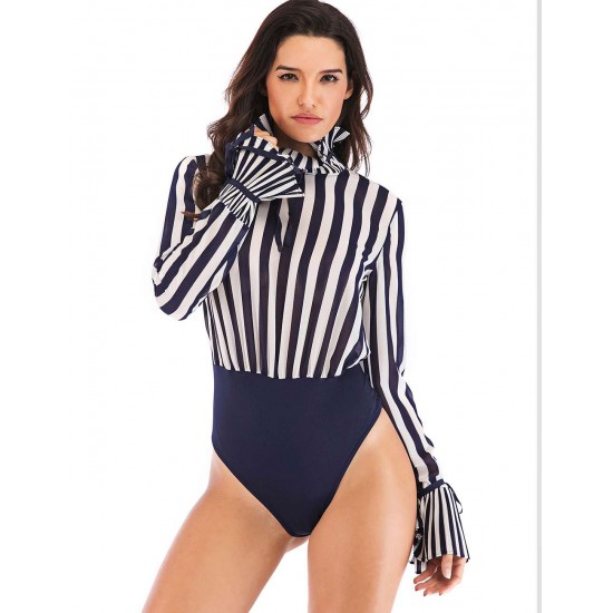 High Neck Long Bell Sleeve Stripe Bodycon Jumpsuit Leotard Tops