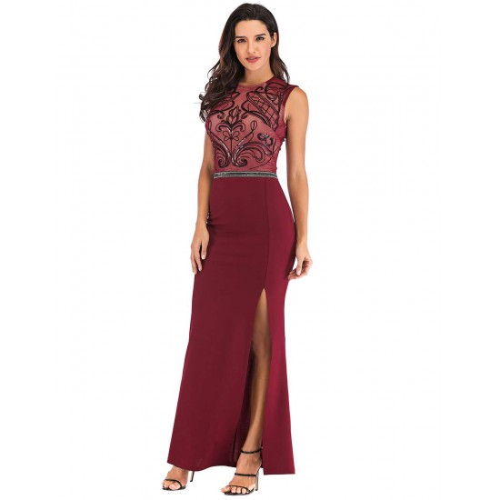 Dark Red Lace Patch Stitching Evening Dress