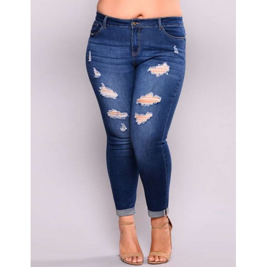 2XL-7XL Plus size  High Quality Big Hip Sexy Girls Chic Shredded Jeans