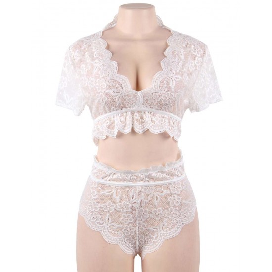 Plus Size Naughty Sexy Girls High Waist White Full Lace Bra Panty Underwear