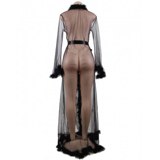 Queen Black Robe Perspective Sheer Sleepwear With Fur 