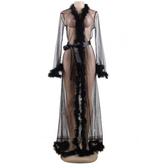 Plus Size Queen Black Robe Perspective Sheer Sleepwear With Fur 