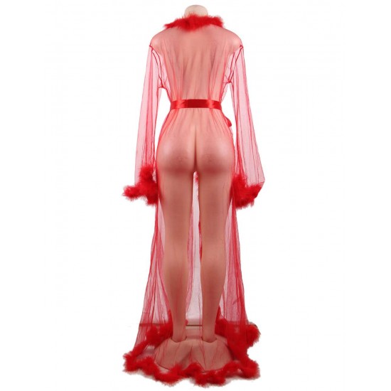 Queen Red Robe Perspective Sheer Sleepwear With Fur 