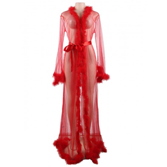 Queen Red Robe Perspective Sheer Sleepwear With Fur 