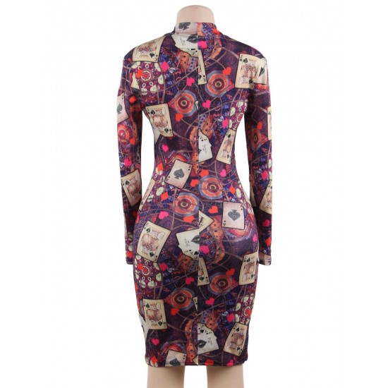 Fashion Poker printing Long Sleeve Bodycon Dress