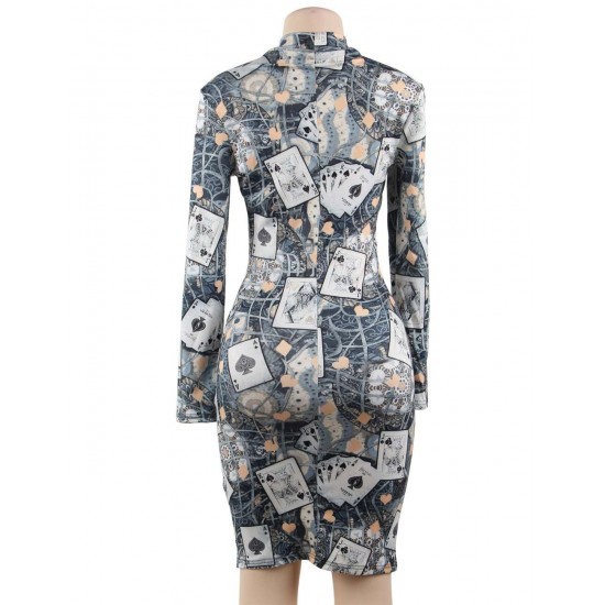 Fashion Poker printing Long Sleeve Bodycon Dress