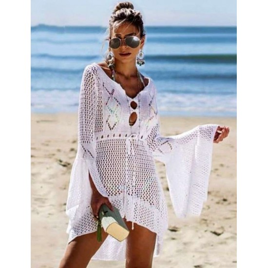 Long Sleeve White Knitted Handmade Crochet Hollow Beach Dress 