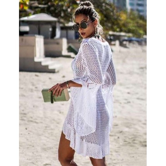 Long Sleeve White Knitted Handmade Crochet Hollow Beach Dress 