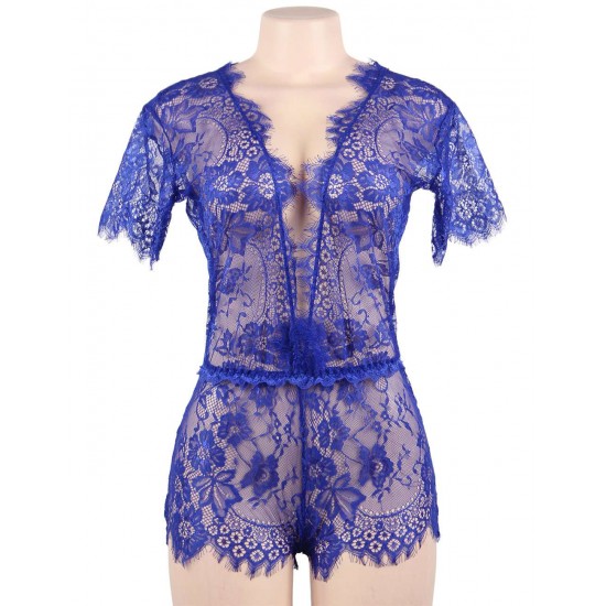 Blue Eyelashes Lace Open-chest Teddy