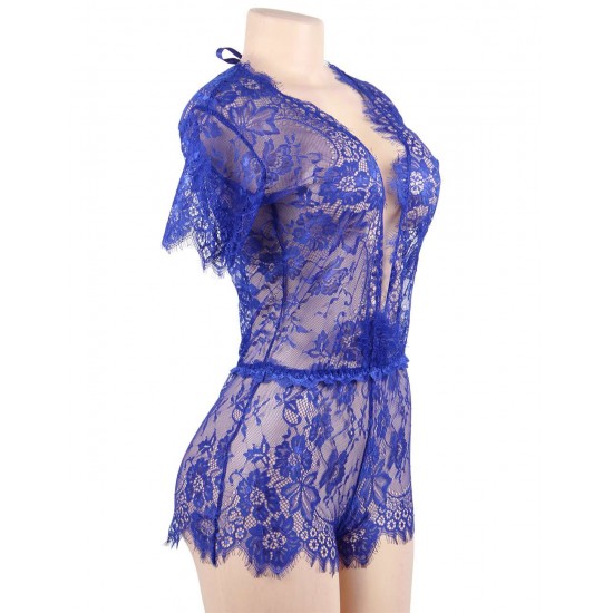 Blue Eyelashes Lace Open-chest Teddy