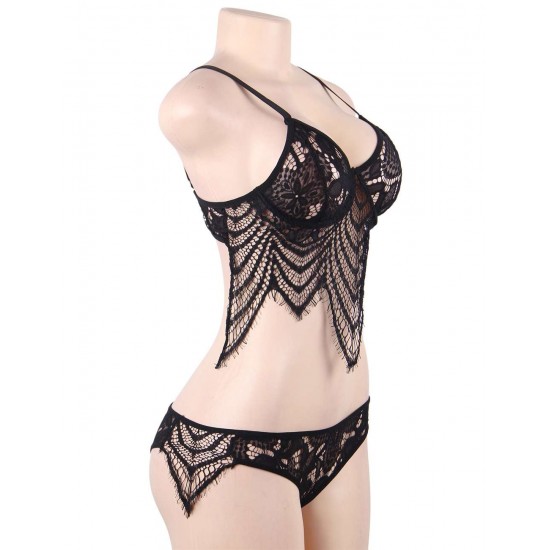 Black Eyelash Lace Super Thin Cup Sexy Bra Set