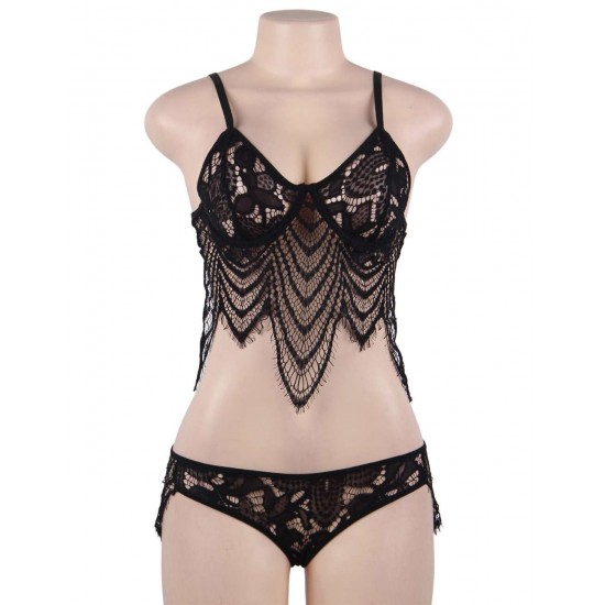 Black Eyelash Lace Super Thin Cup Sexy Bra Set