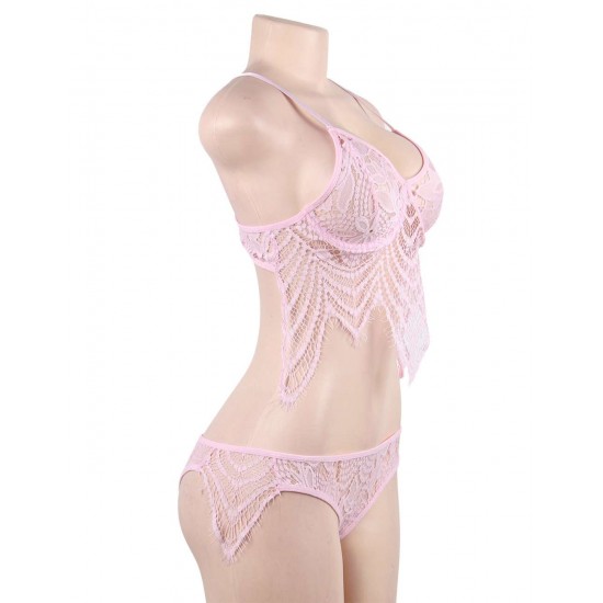 Pink Eyelash Lace Super Thin Cup Sexy Bra Set