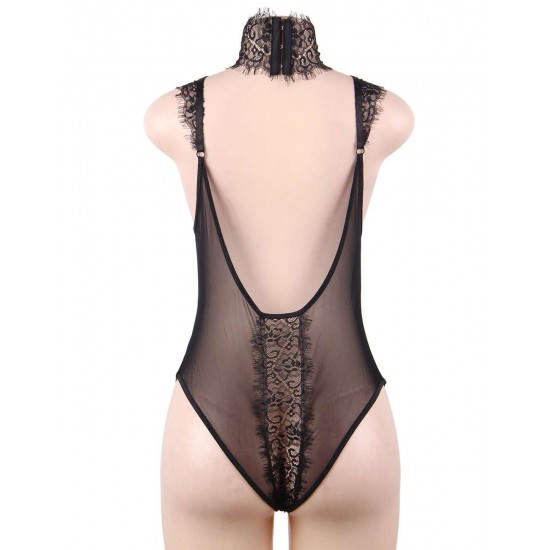 Black Eyelash Lace Collar Backless Sexy Teddy