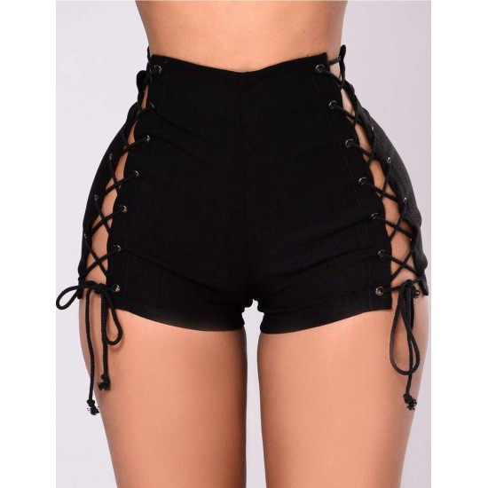 Broken Holes Shorts Sexy Summer Jeans ShortsBlack Broken Holes Lace Up High Wais