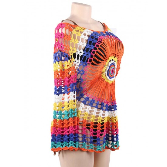 Long Sleeve Rainbow Knitted Handmade Crochet Hollow Beach Dress 