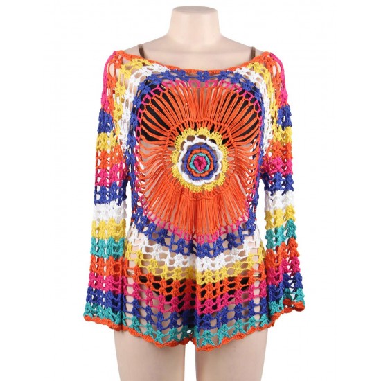 Long Sleeve Rainbow Knitted Handmade Crochet Hollow Beach Dress 