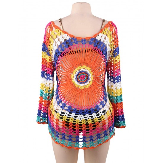 Long Sleeve Rainbow Knitted Handmade Crochet Hollow Beach Dress 