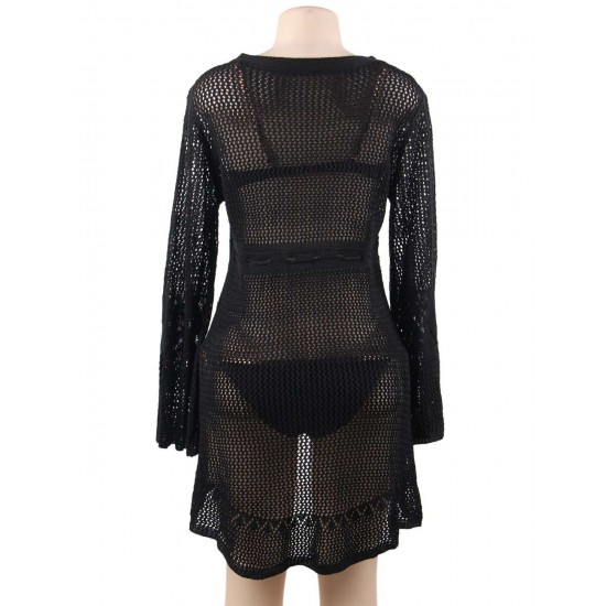 Long Sleeve Black Knitted Handmade Crochet Hollow Beach Dress 