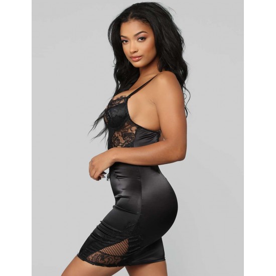 Sexy Black Lace Fitted Low Back Satin Club Party Bodycon Dress