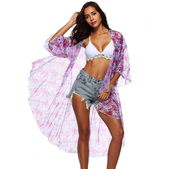 Floral Printed Sexy Sheer Chiffon Cardigan Beach Cover Up