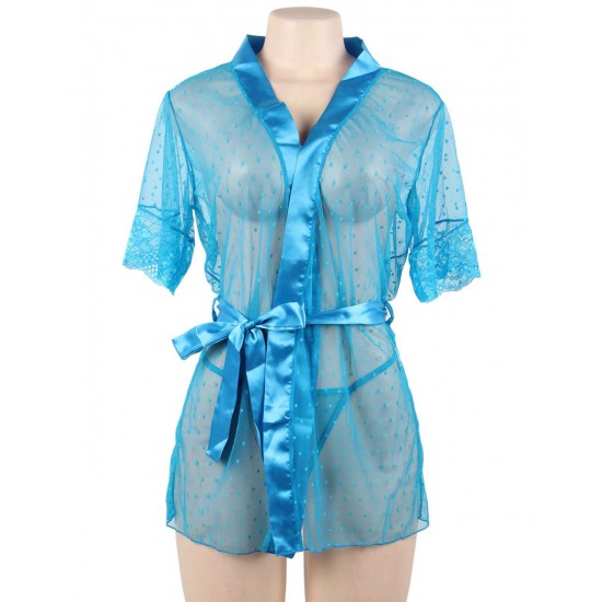 Plus Size Blue Sexy Lace Transparent Pajamas Underwear Set