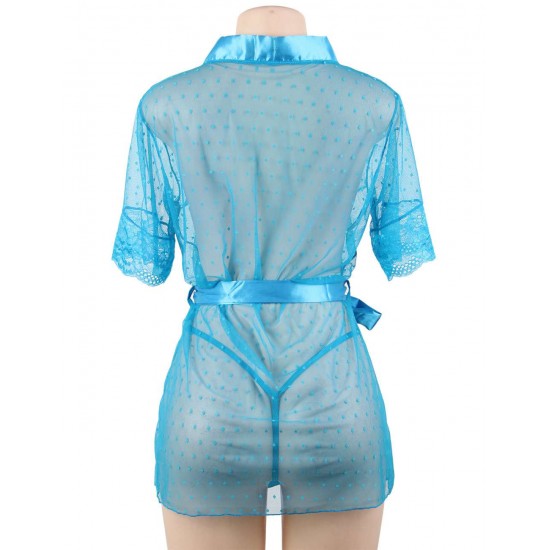 Plus Size Blue Sexy Lace Transparent Pajamas Underwear Set