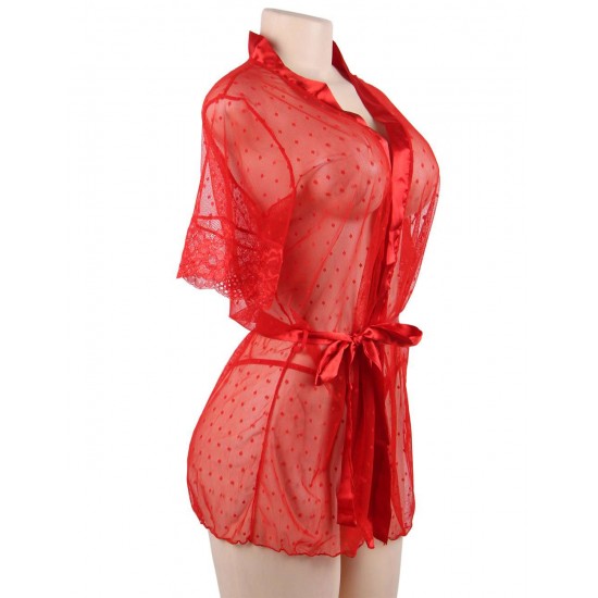 Plus Size Red Sexy Lace Transparent Pajamas Underwear Set