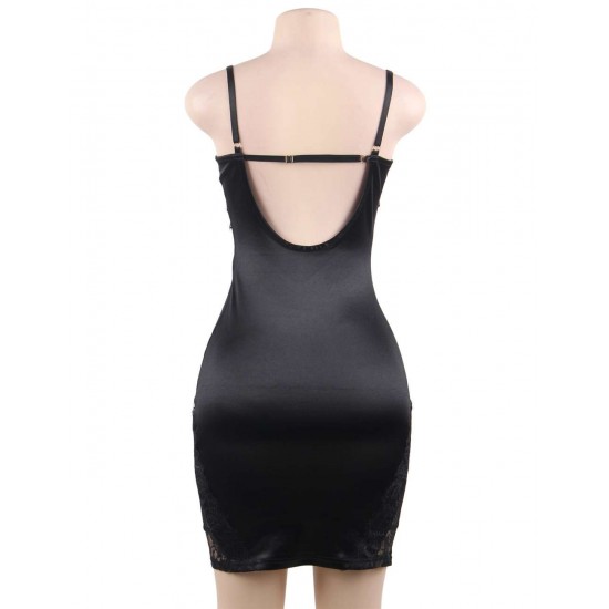 Sexy Black Lace Fitted Low Back Satin Club Party Bodycon Dress