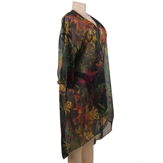 Floral Printed Sexy Sheer Chiffon Cardigan Beach Cover Up