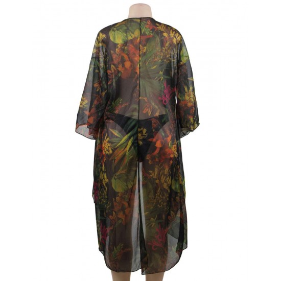 Floral Printed Sexy Sheer Chiffon Cardigan Beach Cover Up