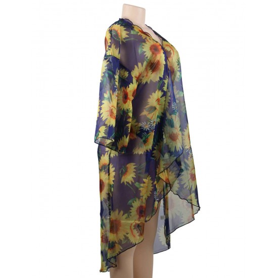 Sunflower Print Sexy Sheer Chiffon Cardigan Beach Cover Up